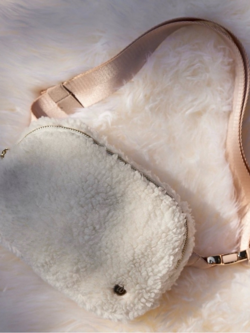 Ivory Shearling Crossbody Belt Bag with Blush Strap - Women